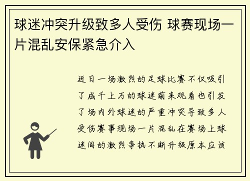 球迷冲突升级致多人受伤 球赛现场一片混乱安保紧急介入