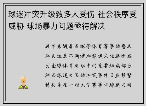 球迷冲突升级致多人受伤 社会秩序受威胁 球场暴力问题亟待解决
