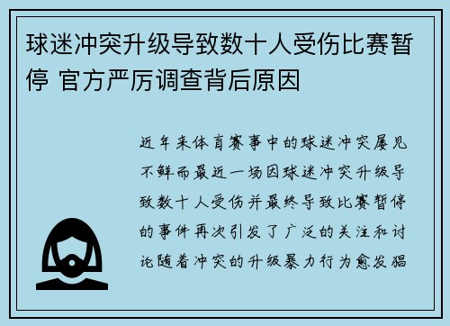 球迷冲突升级导致数十人受伤比赛暂停 官方严厉调查背后原因